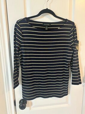 Lauren Ralph Lauren Top LBlue Gold Metallic Striped Boatneck 3/4 Sleeve W/ Logo